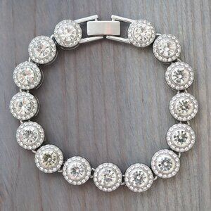 12mm 8inches Silver Round Halo Diamond Chain Clear Rhinestones Silver Plated